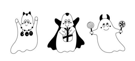 conjunto de rabiscos de coleção de fantasmas tipo desenho animado de contorno de cliparts de halloween infantil bonitinho festivo vetor