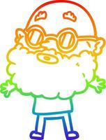 desenho de linha de gradiente arco-íris desenho animado homem curioso com barba e óculos de sol vetor