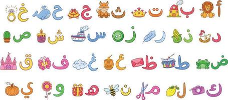 letras do alfabeto árabe aprendendo com pacote de conjunto de objetos fofos vetor