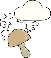 cogumelo de desenho animado com nuvem de esporos e balão de pensamento vetor