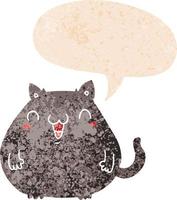 gato de desenho animado e bolha de fala em estilo retrô texturizado vetor