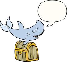 tubarão dos desenhos animados nadando sobre o baú do tesouro e balão de fala