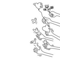 mão desenhada de mãos para cima. mãos batendo palmas. conceito de caridade e doação. dar e compartilhar seu amor para as pessoas. gesto de mãos no estilo doodle. ilustração vetorial vetor