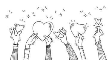 doodle mãos para cima. mãos batendo palmas. conceito de caridade e doação. dar e compartilhar seu amor para as pessoas. gesto de mãos no estilo desenhado à mão. ilustração vetorial vetor