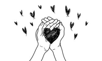 mão desenhada de mãos segurando um coração. conceito de caridade e doação. dar e compartilhar seu amor para as pessoas. gesto de mãos no estilo doodle. ilustração vetorial vetor