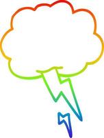 linha de gradiente de arco-íris desenhando nuvem de tempestade de desenhos animados com relâmpagos vetor