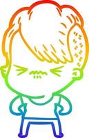 desenho de linha de gradiente de arco-íris desenho animado garota hipster irritada vetor