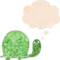 tartaruga de desenho animado bonito e balão de pensamento em estilo retrô texturizado vetor