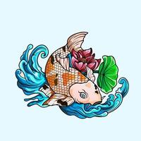 mão desenhada peixe koi, flores japonesas tropicais vector illustration.colorful carpa koi com respingos de água, flor de lótus e peônia. impressão para t-shirt gráfico e outros usos.