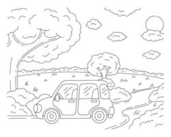 maravilhosa paisagem natural. página do livro de colorir para crianças. estilo de desenho animado. o carro está dirigindo ao longo da estrada ao longo da floresta. ilustração vetorial isolada no fundo branco. vetor