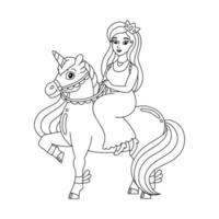 a princesa está montando um unicórnio. página do livro para colorir para crianças. personagem de estilo de desenho animado. ilustração vetorial isolada no fundo branco. vetor