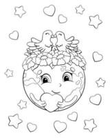 planeta Terra em uma coroa de flores sorri e felicita pelo feriado. página do livro de colorir para crianças. personagem de estilo de desenho animado. ilustração vetorial isolada no fundo branco. vetor