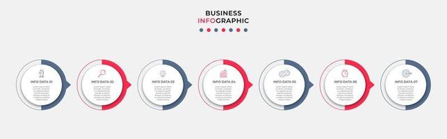 vetor de modelo de design de infográfico de negócios com ícones e 7 opções ou etapas. pode ser usado para diagrama de processo, apresentações, layout de fluxo de trabalho, banner, fluxograma, gráfico de informações