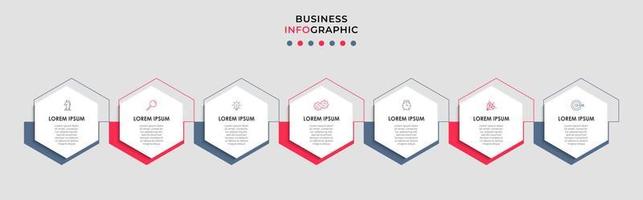vetor de modelo de design de infográfico de negócios com ícones e 7 opções ou etapas. pode ser usado para diagrama de processo, apresentações, layout de fluxo de trabalho, banner, fluxograma, gráfico de informações