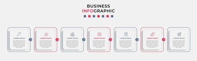 vetor de modelo de design de infográfico de negócios com ícones e 7 opções ou etapas. pode ser usado para diagrama de processo, apresentações, layout de fluxo de trabalho, banner, fluxograma, gráfico de informações