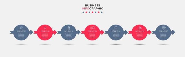 vetor de modelo de design de infográfico de negócios com ícones e 7 opções ou etapas. pode ser usado para diagrama de processo, apresentações, layout de fluxo de trabalho, banner, fluxograma, gráfico de informações