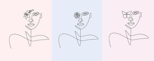 borboleta com cabeça de mulher e conjunto de coleção de desenho de linha de flor vetor