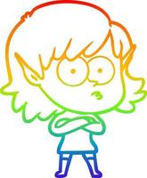 desenho de linha de gradiente de arco-íris desenho animado menina elfa olhando vetor