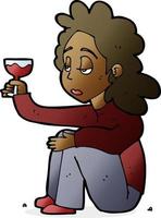 mulher infeliz dos desenhos animados com copo de vinho vetor