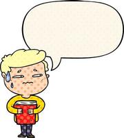 menino ansioso de desenho animado carregando livro e bolha de fala no estilo de quadrinhos vetor