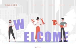 página inicial de boas-vindas, equipe diversificada de pessoas, página inicial criativa para o site. estilo de personagem de desenho animado. vetor. vetor