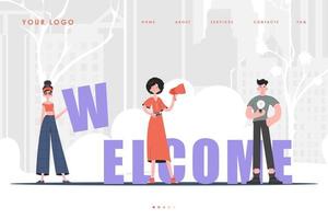 página inicial de boas-vindas da equipe diversificada de pessoas. estilo moderno. ilustração anterior. vetor