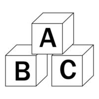 cubos de alfabeto de madeira com letras a, b, c, ilustração isolada de contorno preto vetor