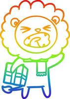 desenho de linha de gradiente de arco-íris leão de desenho animado com presente de natal vetor