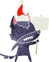 desenho retrô de um lobo com poste de sinal mostrando dentes usando chapéu de papai noel vetor