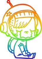 desenho de linha de gradiente de arco-íris desenho animado chorando astronauta garota sentada vetor