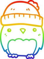 linha de gradiente de arco-íris desenhando uma linda coruja de desenho animado no chapéu vetor