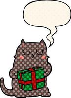 gato de natal dos desenhos animados e bolha de fala no estilo de quadrinhos vetor