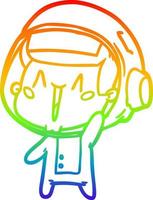 desenho de linha de gradiente de arco-íris feliz astronauta de desenho animado acenando vetor