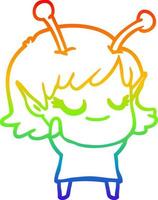 desenho de linha de gradiente de arco-íris desenho de garota alienígena sorridente vetor
