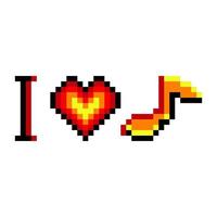 eu amo música com ícone de símbolo de coração e nota música em pixel art. ilustração vetorial. vetor