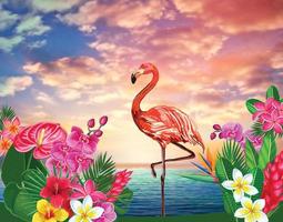 flamingos tropicais com palmeiras na praia vetor