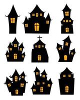 castelo preto de halloween isolado no fundo branco. silhueta de desenho animado de casa assombrada. vetor