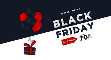modelo de banner web de venda sexta-feira negra. fundo escuro e claro com balões vermelhos e pretos para ofertas de desconto sazonal. vetor