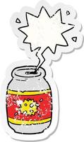 lata de desenho animado de refrigerante e adesivo angustiado de bolha de fala