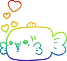 linha de gradiente de arco-íris desenhando peixe bonito de desenho animado com corações de amor vetor