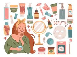 conjunto com produtos de beleza. pele, olhos, lábios cosméticos e acessórios. ilustração em vetor gráfico plana isolada no fundo branco