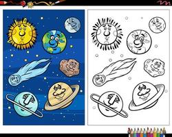 desenho de planetas de desenhos animados e orbes no espaço para colorir vetor