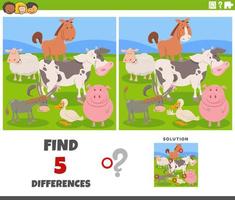 jogo de diferenças com animais de fazenda dos desenhos animados vetor