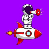 astronauta fofo andando de foguete com ilustração de ícone de vetor de desenho animado megafone. conceito de desenho animado plano de tecnologia científica