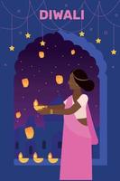diwali. uma mulher lança uma lanterna do céu. Índia. feliz feriado de diwali. lamparinas a óleo iluminadas. roupas tradicionais indianas. sari vetor