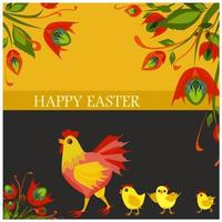 ilustração vetorial isolada com galinha bonitinha pintada no ovo de páscoa e decorada com flores vermelhas. decoração tradicional de ovos para feriado religioso. cartão de feliz páscoa, banner ou post. vetor