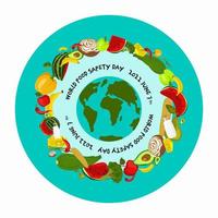 dia mundial da segurança alimentar em 7 de junho banner, cartaz ou design de clipart de vetor de cartão. o conceito de alimentação saudável, estilo de vida saudável. produtos naturais frescos, legumes e frutas, produtos lácteos.