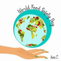 dia mundial da segurança alimentar em 7 de junho banner, cartaz ou design de clipart de vetor de cartão. o conceito de alimentação saudável, estilo de vida saudável. produtos naturais frescos, legumes e frutas, produtos lácteos.