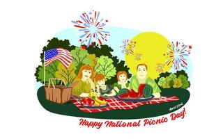 feliz família europeia desfrutando de piquenique. bandeira do dia do piquenique. eles estão deitados na grama em um parque, a cesta com refeição, em uma melancia de toalha de mesa quadriculada vermelha e branca e frutas em um prato vetor