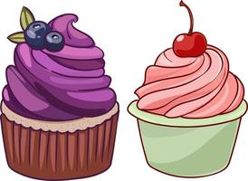 ilustração de comida desenhada à mão de um cupcake com creme de mirtilo e cereja, ilustração vetorial de sobremesa vetor